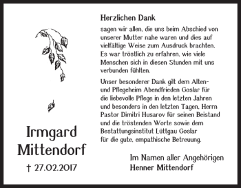 Traueranzeige von Irmgard Mittendorf von Salzgitter Zeitung