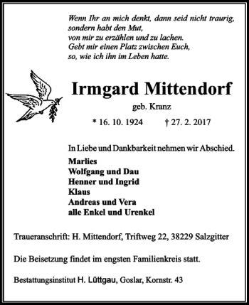 Traueranzeige von Irmgard Mittendorf von Salzgitter Zeitung