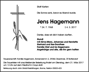 Traueranzeige von Jens Hagemann von Wolfsburger Nachrichten