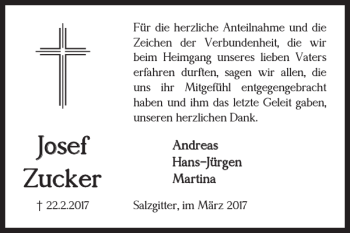 Traueranzeige von Josef Zucker von Salzgitter Zeitung