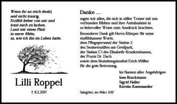 Traueranzeige von Lilli Roppel von Salzgitter Zeitung