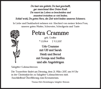 Traueranzeige von Petra Cramme von Salzgitter Zeitung