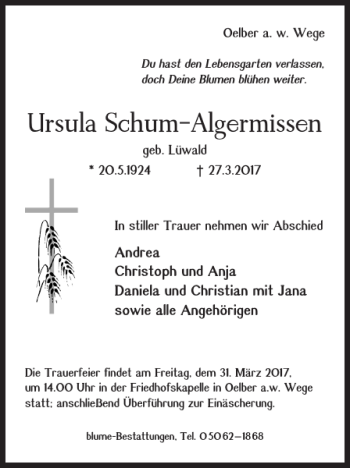 Traueranzeige von Ursula Schum-Algermissen von Salzgitter Zeitung