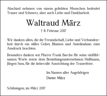 Traueranzeige von Waltraud März von Helmstedter Nachrichten