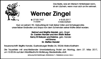 Traueranzeige von Werner Zingel von Wolfsburger Nachrichten