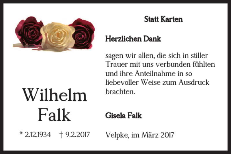 Traueranzeigen von Wilhelm Falk trauer38.de