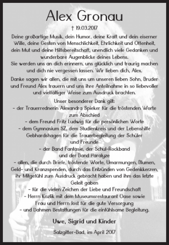 Traueranzeige von Alex Gronau von Salzgitter Zeitung