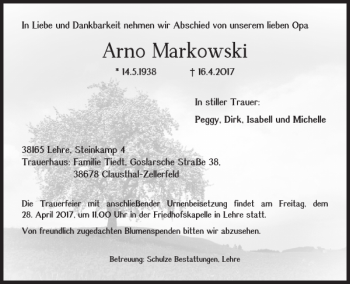 Traueranzeige von Arno Markowski von Helmstedter Nachrichten