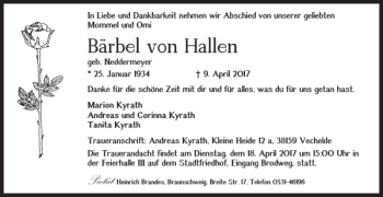 Traueranzeige von Bãrbel von Hallen von Braunschweiger Zeitung