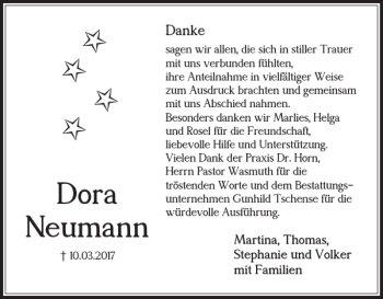 Traueranzeige von Dora Neumann von Wolfsburger Nachrichten
