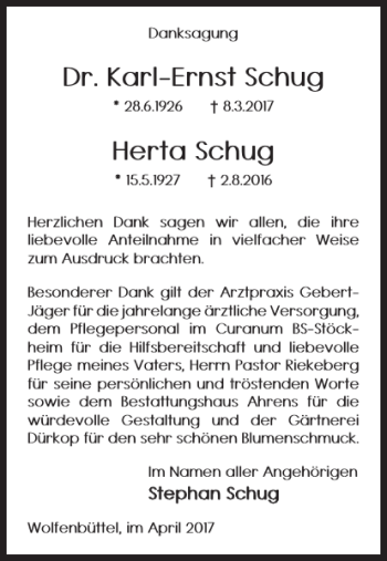 Traueranzeige von Dr. Karl-Ernst Schug Herta Schug von Wolfenbütteler Zeitung
