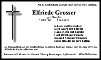 Traueranzeige von Elfriede Grosser von Wolfenbütteler Zeitung
