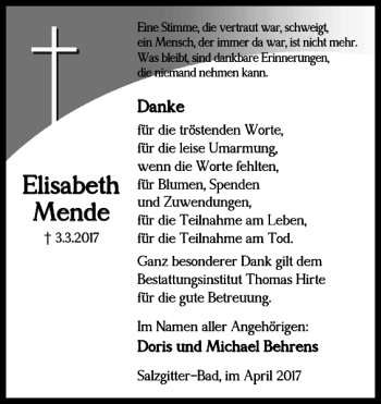 Traueranzeige von Elisabeth Mende von Salzgitter Zeitung