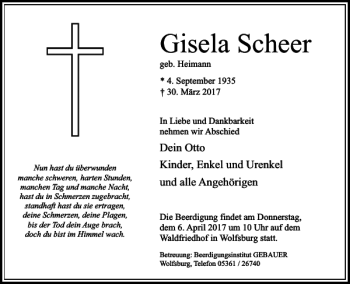 Traueranzeige von Gisela Scheer von Wolfsburger Nachrichten
