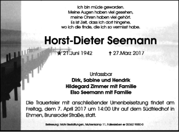 Traueranzeige von Horst-Dieter Seemann von Wolfsburger Nachrichten
