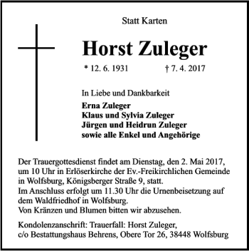 Traueranzeige von Horst Zuleger von Wolfsburger Nachrichten