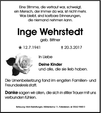 Traueranzeige von Inge Wehrstedt von Wolfsburger Nachrichten