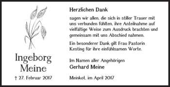Traueranzeige von Ingeborg Meine von Helmstedter Nachrichten