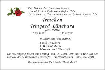 Traueranzeige von Irmchen Irmgard Lüneburg von Braunschweiger Zeitung