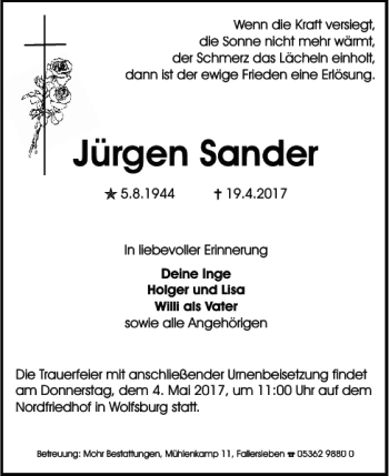 Traueranzeige von Jürgen Sander von Wolfsburger Nachrichten