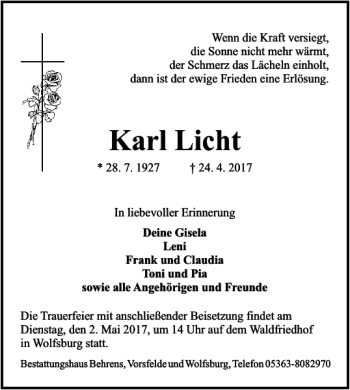 Traueranzeige von Karl Licht von Wolfsburger Nachrichten
