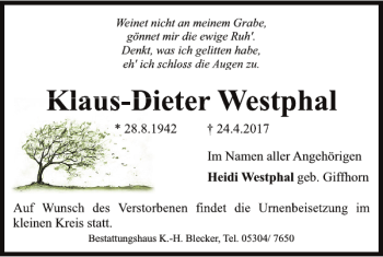 Traueranzeige von Klaus-Dieter Westphal von Braunschweiger Zeitung