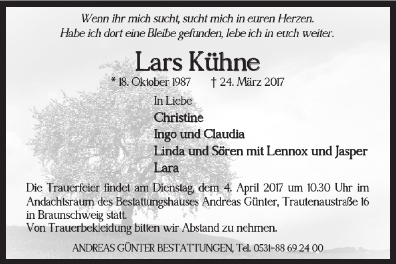  Traueranzeige für Lars Kühne vom 01.04.2017 aus Braunschweiger Zeitung