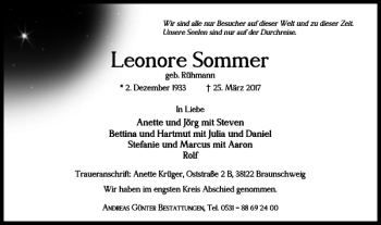 Traueranzeige von Leonore Sommer von Braunschweiger Zeitung