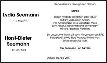 Traueranzeige von Lydia Seemann Horst-Dieter Seemann von Wolfsburger Nachrichten