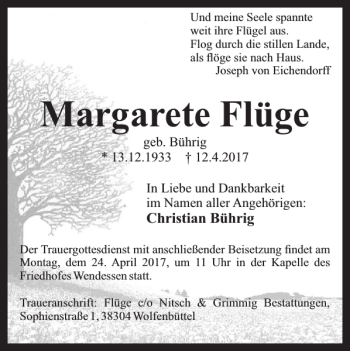 Traueranzeige von Margarete Flüge von Wolfenbütteler Zeitung