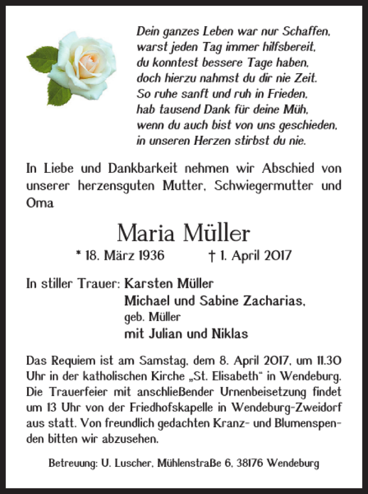  Traueranzeige für Maria Müller vom 05.04.2017 aus Peiner Nachrichten