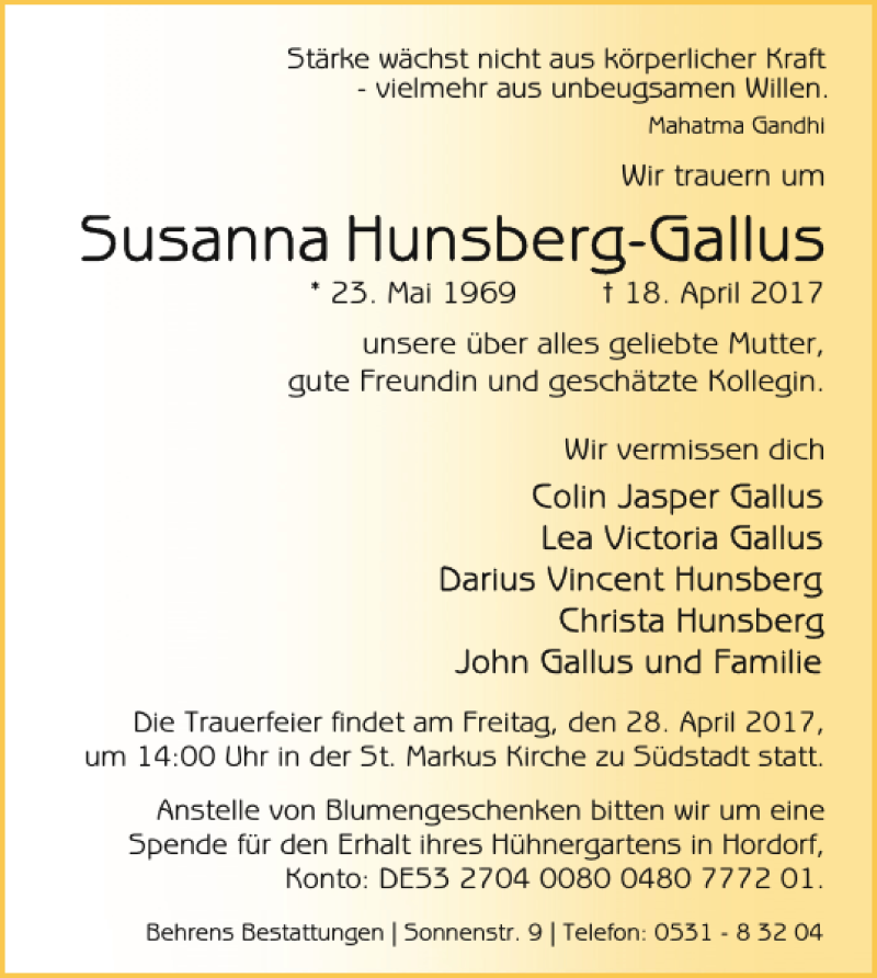  Traueranzeige für Susanna Hunsberg-Gallus vom 26.04.2017 aus Braunschweiger Zeitung