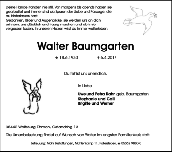 Traueranzeige von Walter Baumgarten von Wolfsburger Nachrichten