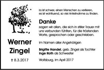 Traueranzeige von Werner Zingel von Wolfsburger Nachrichten