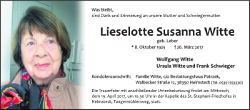 Traueranzeige von Wolfgang Witte Ursula Witte und Frank Schwieger  von Helmstedter Nachrichten