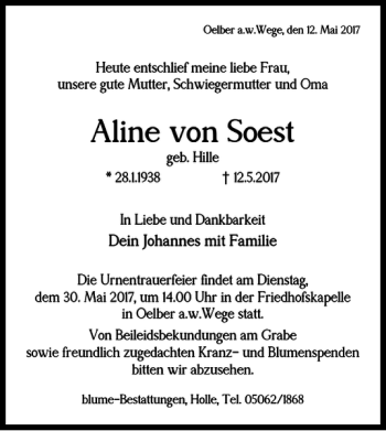 Traueranzeige von Aline von Soest von Salzgitter Zeitung