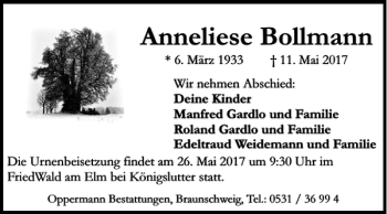 Traueranzeige von Anneliese Bollmann von Braunschweiger Zeitung