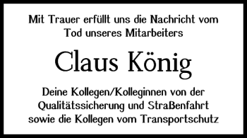 Traueranzeige von Claus Kõnig von Wolfsburger Nachrichten
