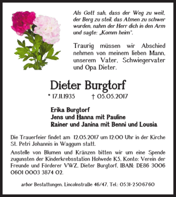 Traueranzeige von Dieter Burgtorf von Braunschweiger Zeitung