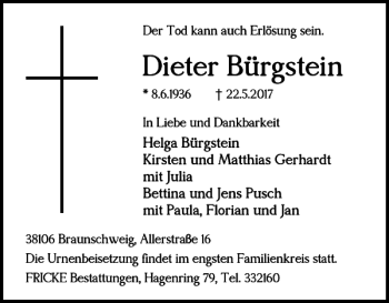 Traueranzeige von Dieter Bürgstein von Braunschweiger Zeitung