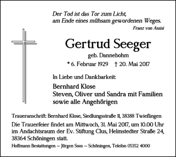 Traueranzeige von Gertrud Seeger von Helmstedter Nachrichten