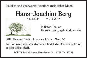 Traueranzeige von Hans-Joachim Berg von Braunschweiger Zeitung
