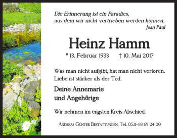 Traueranzeige von Heinz Hamm von Braunschweiger Zeitung