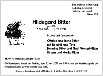 Traueranzeige von Hildegard Bitter von Wolfenbütteler Zeitung