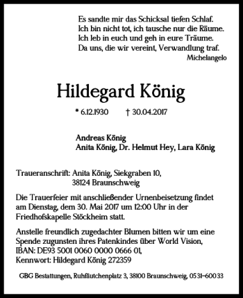Traueranzeige von Hildegard König von Braunschweiger Zeitung