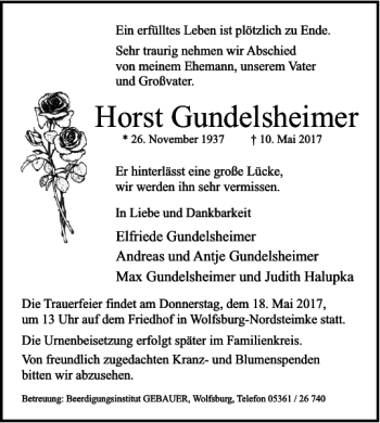 Traueranzeige von Horst Gundelsheimer von Wolfsburger Nachrichten