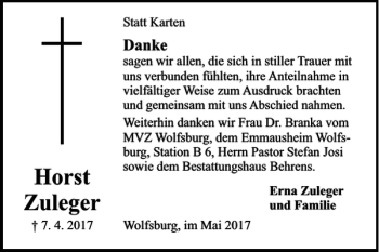 Traueranzeige von Horst Zuleger von Wolfsburger Nachrichten