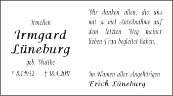 Traueranzeige von Irmgard Lüneburg von Braunschweiger Zeitung