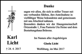 Traueranzeige von Karl Licht von Wolfsburger Nachrichten