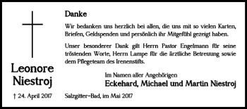 Traueranzeige von Leonore Niestroj von Salzgitter Zeitung